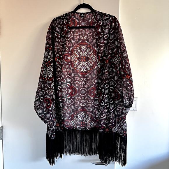 Echo Sheer Print Shawl Wrap Kimono With Fringe Bottom - Picture 1 of 4